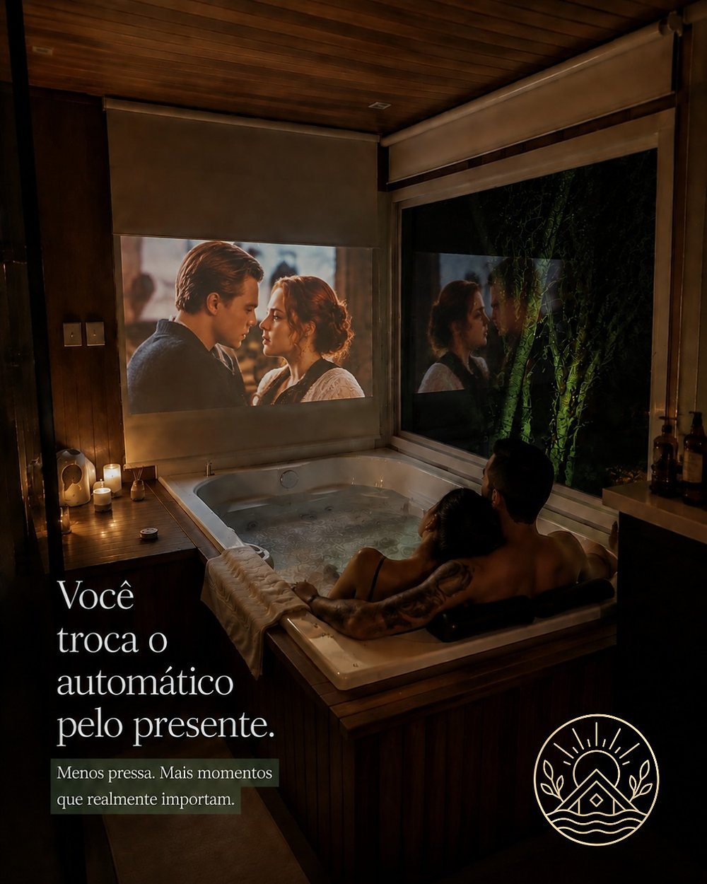 Casal na banheira com telão projetado — cinema a dois