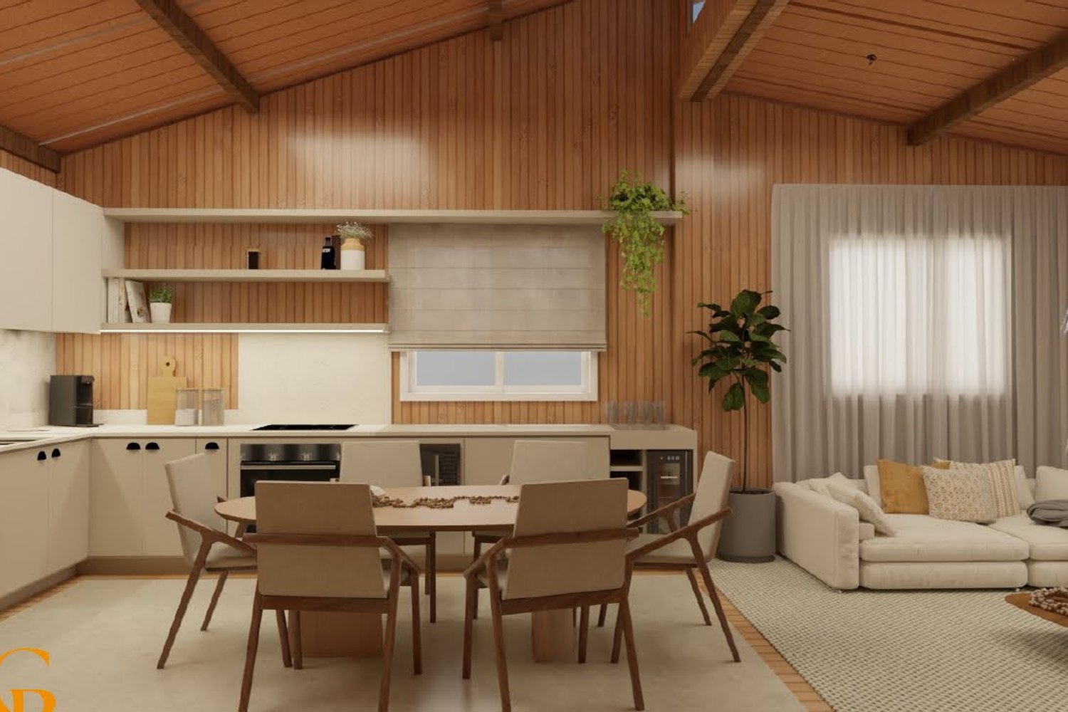 Render interno — cozinha e sala integradas